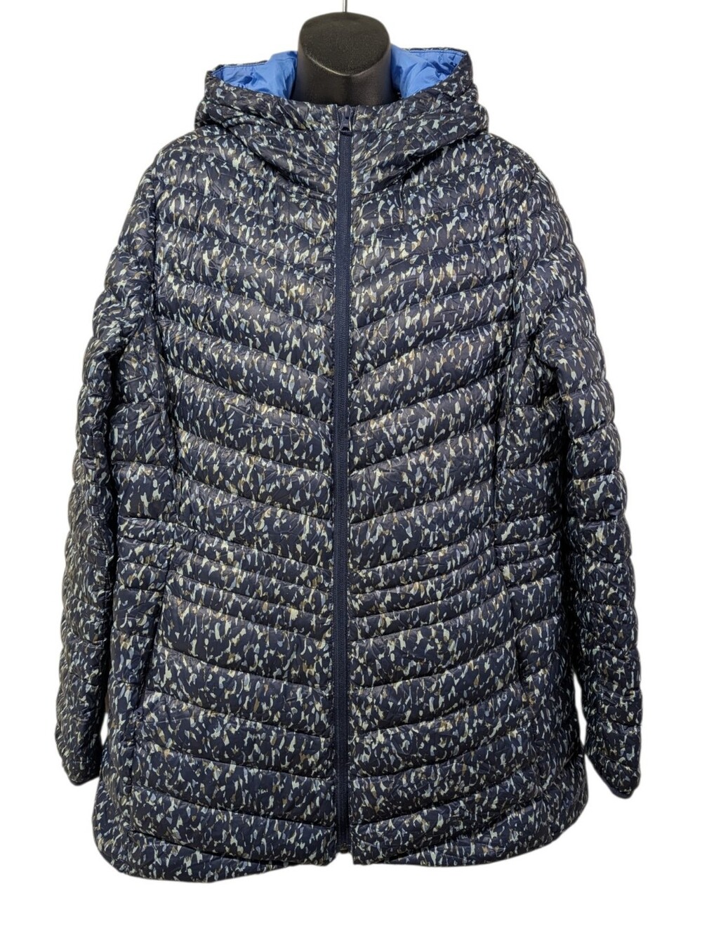 Lands' End Women's Size L Blue/White Geometric Hooded Down Puffer Jacket Zip